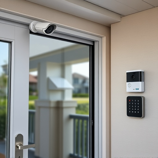 motion-activated surveillance camera under roof eaves,glass break sensor on sliding door,smart lock installed on modern front door,smart video doorbell on suburban porch,connected smart home with multiple sensors,security keypad on modern apartment wall