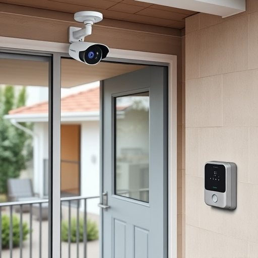 motion-activated surveillance camera under roof eaves,glass break sensor on sliding door,smart lock installed on modern front door,smart video doorbell on suburban porch,connected smart home with multiple sensors,security keypad on modern apartment wall