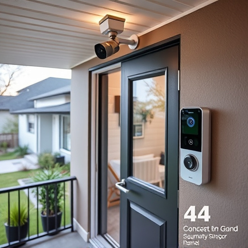 motion-activated surveillance camera under roof eaves,glass break sensor on sliding door,smart lock installed on modern front door,smart video doorbell on suburban porch,connected smart home with multiple sensors,security keypad on modern apartment wall