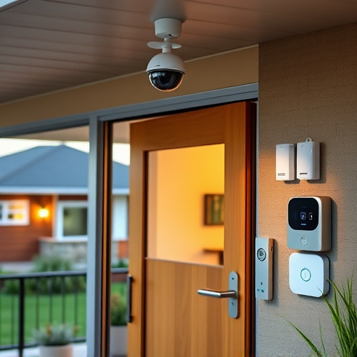 motion-activated surveillance camera under roof eaves,glass break sensor on sliding door,smart lock installed on modern front door,smart video doorbell on suburban porch,connected smart home with multiple sensors,security keypad on modern apartment wall