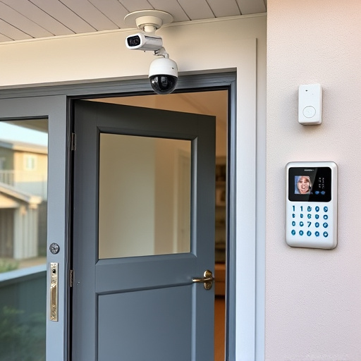 motion-activated surveillance camera under roof eaves,glass break sensor on sliding door,smart lock installed on modern front door,smart video doorbell on suburban porch,connected smart home with multiple sensors,security keypad on modern apartment wall