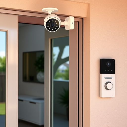 motion-activated surveillance camera under roof eaves,glass break sensor on sliding door,smart lock installed on modern front door,smart video doorbell on suburban porch,connected smart home with multiple sensors,security keypad on modern apartment wall