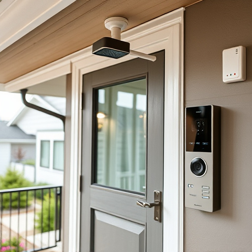motion-activated surveillance camera under roof eaves,glass break sensor on sliding door,smart lock installed on modern front door,smart video doorbell on suburban porch,connected smart home with multiple sensors,security keypad on modern apartment wall
