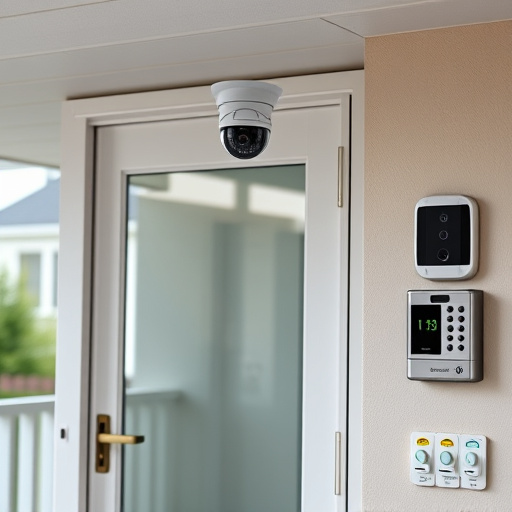 motion-activated surveillance camera under roof eaves,glass break sensor on sliding door,smart lock installed on modern front door,smart video doorbell on suburban porch,connected smart home with multiple sensors,security keypad on modern apartment wall