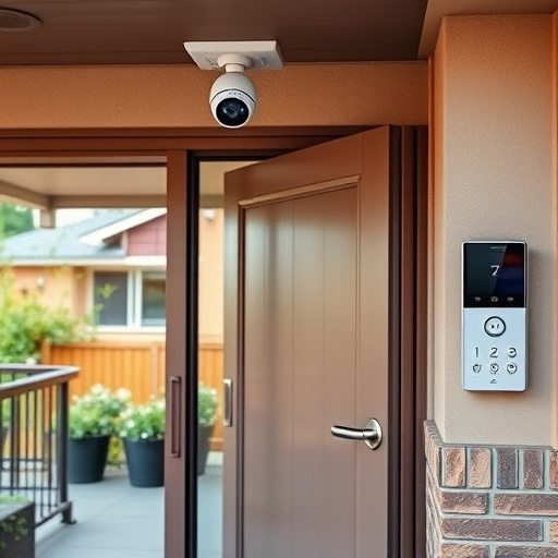 motion-activated surveillance camera under roof eaves,glass break sensor on sliding door,smart lock installed on modern front door,smart video doorbell on suburban porch,connected smart home with multiple sensors,security keypad on modern apartment wall