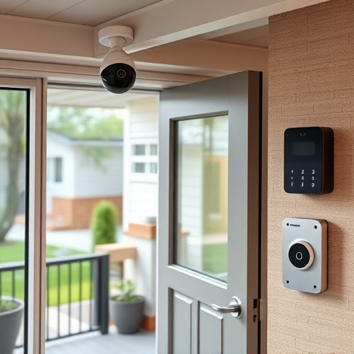 motion-activated surveillance camera under roof eaves,glass break sensor on sliding door,smart lock installed on modern front door,smart video doorbell on suburban porch,connected smart home with multiple sensors,security keypad on modern apartment wall