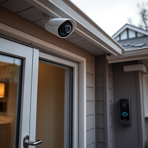 motion-activated surveillance camera under roof eaves,glass break sensor on sliding door,smart lock installed on modern front door,smart video doorbell on suburban porch,connected smart home with multiple sensors,security keypad on modern apartment wall