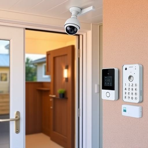 motion-activated surveillance camera under roof eaves,glass break sensor on sliding door,smart lock installed on modern front door,smart video doorbell on suburban porch,connected smart home with multiple sensors,security keypad on modern apartment wall