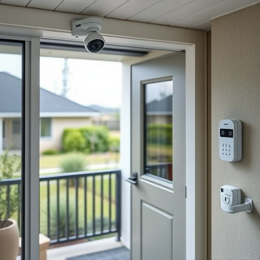 motion-activated surveillance camera under roof eaves,glass break sensor on sliding door,smart lock installed on modern front door,smart video doorbell on suburban porch,connected smart home with multiple sensors,security keypad on modern apartment wall