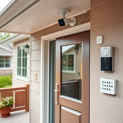 motion-activated surveillance camera under roof eaves,glass break sensor on sliding door,smart lock installed on modern front door,smart video doorbell on suburban porch,connected smart home with multiple sensors,security keypad on modern apartment wall