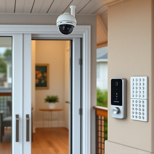 motion-activated surveillance camera under roof eaves,glass break sensor on sliding door,smart lock installed on modern front door,smart video doorbell on suburban porch,connected smart home with multiple sensors,security keypad on modern apartment wall