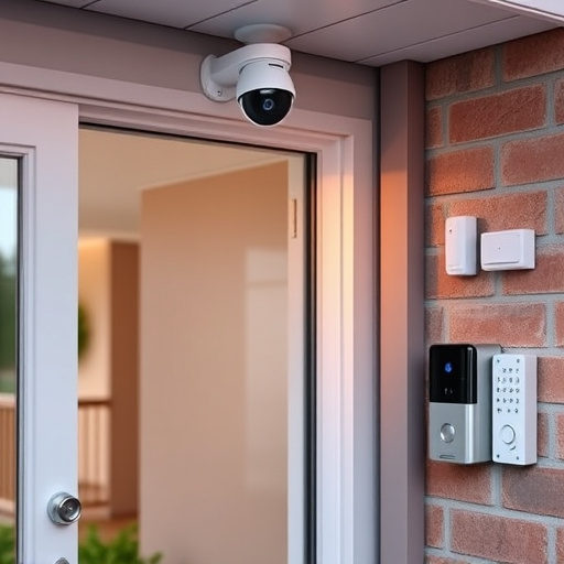 motion-activated surveillance camera under roof eaves,glass break sensor on sliding door,smart lock installed on modern front door,smart video doorbell on suburban porch,connected smart home with multiple sensors,security keypad on modern apartment wall