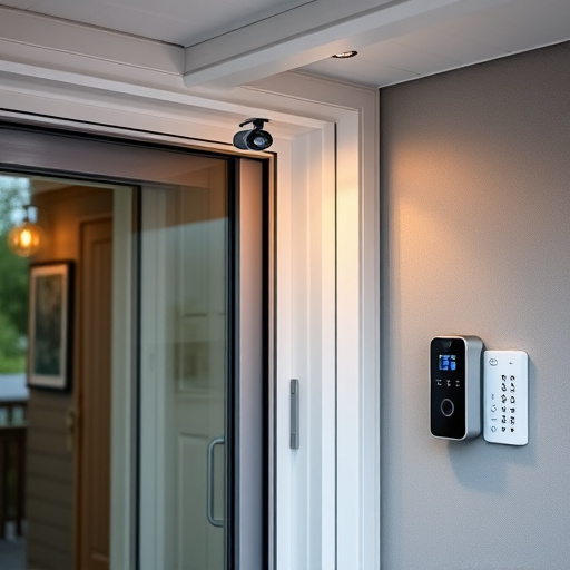 motion-activated surveillance camera under roof eaves,glass break sensor on sliding door,smart lock installed on modern front door,smart video doorbell on suburban porch,connected smart home with multiple sensors,security keypad on modern apartment wall