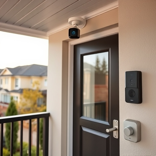 motion-activated surveillance camera under roof eaves,glass break sensor on sliding door,smart lock installed on modern front door,smart video doorbell on suburban porch,connected smart home with multiple sensors,security keypad on modern apartment wall