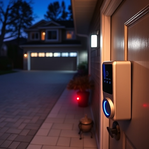 night vision security camera watching driveway,sensor alert notification on homeowner’s phone,smart video doorbell on suburban porch,flashing red home security alert light at night,smart lock installed on modern front door