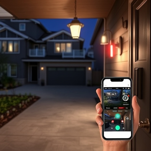 night vision security camera watching driveway,sensor alert notification on homeowner’s phone,smart video doorbell on suburban porch,flashing red home security alert light at night,smart lock installed on modern front door