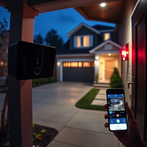 night vision security camera watching driveway,sensor alert notification on homeowner’s phone,smart video doorbell on suburban porch,flashing red home security alert light at night,smart lock installed on modern front door