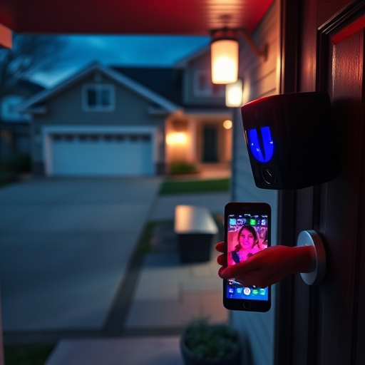 night vision security camera watching driveway,sensor alert notification on homeowner’s phone,smart video doorbell on suburban porch,flashing red home security alert light at night,smart lock installed on modern front door