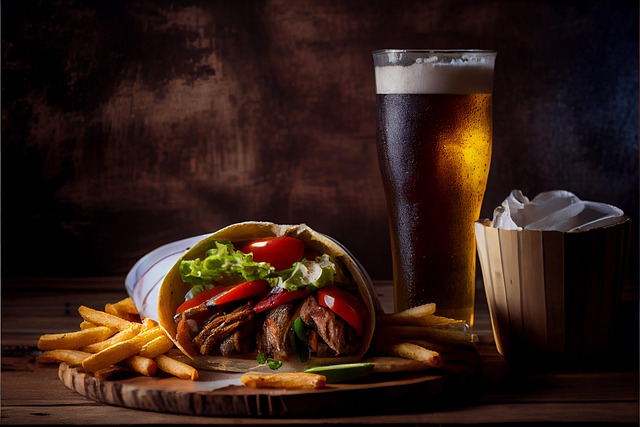 salad,sandwich,greek food,beer,wine,meal