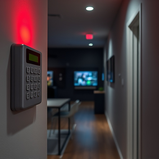 security keypad on modern apartment wall,flashing red home security alert light at night,home monitoring control room with multiple screens,sensor alert notification on homeowner’s phone,emergency alert system inside hallway