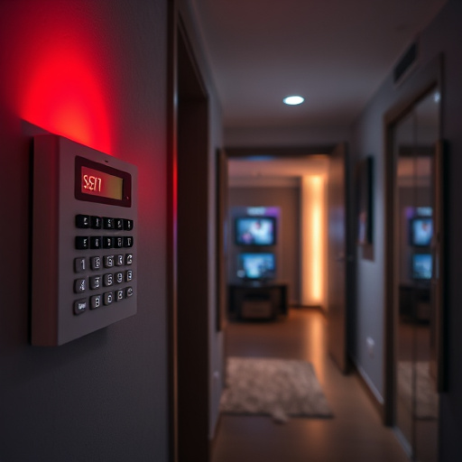 security keypad on modern apartment wall,flashing red home security alert light at night,home monitoring control room with multiple screens,sensor alert notification on homeowner’s phone,emergency alert system inside hallway
