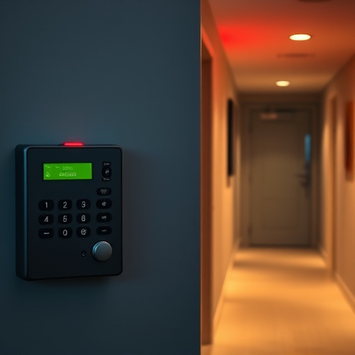 security keypad on modern apartment wall,flashing red home security alert light at night,home monitoring control room with multiple screens,sensor alert notification on homeowner’s phone,emergency alert system inside hallway
