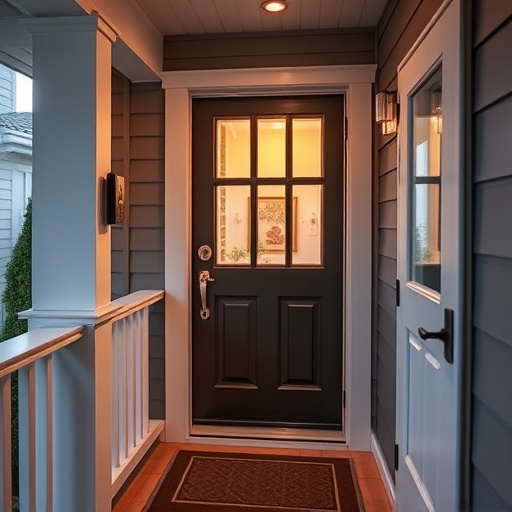 smart video doorbell on suburban porch,apartment entry secured with bolt lock,smart lock installed on modern front door,night vision security camera watching driveway,ai security camera scanning for movement,emergency alert system inside hallway