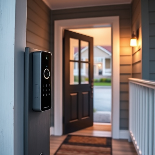 smart video doorbell on suburban porch,apartment entry secured with bolt lock,smart lock installed on modern front door,night vision security camera watching driveway,ai security camera scanning for movement,emergency alert system inside hallway