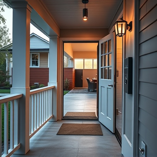 smart video doorbell on suburban porch,apartment entry secured with bolt lock,smart lock installed on modern front door,night vision security camera watching driveway,ai security camera scanning for movement,emergency alert system inside hallway
