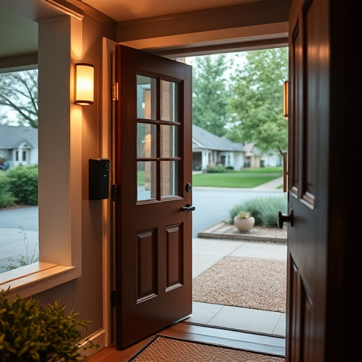 smart video doorbell on suburban porch,apartment entry secured with bolt lock,smart lock installed on modern front door,night vision security camera watching driveway,ai security camera scanning for movement,emergency alert system inside hallway