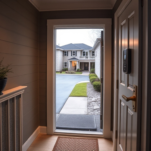 smart video doorbell on suburban porch,apartment entry secured with bolt lock,smart lock installed on modern front door,night vision security camera watching driveway,ai security camera scanning for movement,emergency alert system inside hallway