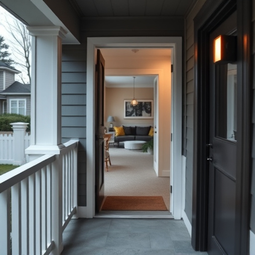 smart video doorbell on suburban porch,apartment entry secured with bolt lock,smart lock installed on modern front door,night vision security camera watching driveway,ai security camera scanning for movement,emergency alert system inside hallway