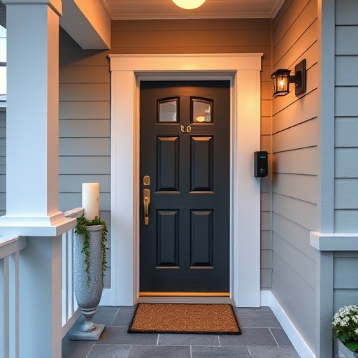 smart video doorbell on suburban porch,apartment entry secured with bolt lock,smart lock installed on modern front door,night vision security camera watching driveway,ai security camera scanning for movement,emergency alert system inside hallway