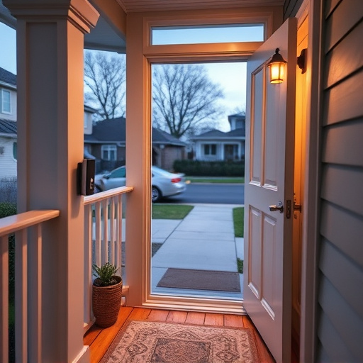smart video doorbell on suburban porch,apartment entry secured with bolt lock,smart lock installed on modern front door,night vision security camera watching driveway,ai security camera scanning for movement,emergency alert system inside hallway