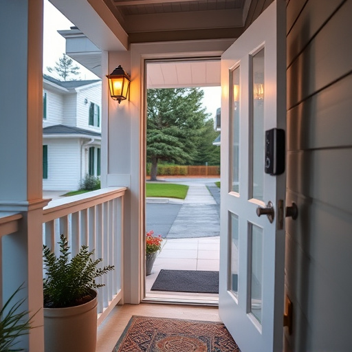 smart video doorbell on suburban porch,apartment entry secured with bolt lock,smart lock installed on modern front door,night vision security camera watching driveway,ai security camera scanning for movement,emergency alert system inside hallway