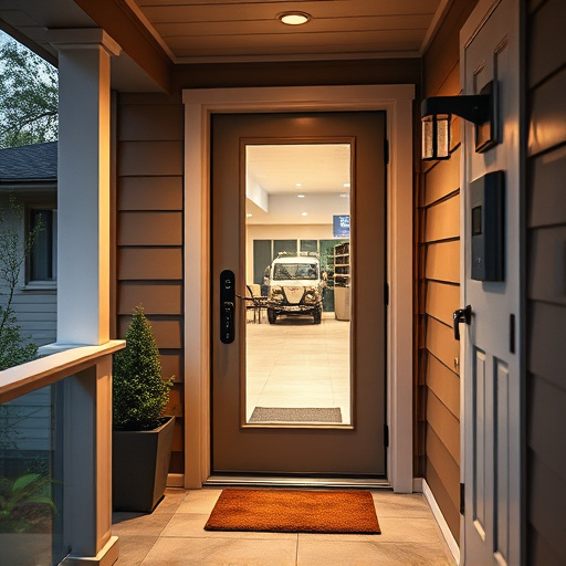 smart video doorbell on suburban porch,apartment entry secured with bolt lock,smart lock installed on modern front door,night vision security camera watching driveway,ai security camera scanning for movement,emergency alert system inside hallway