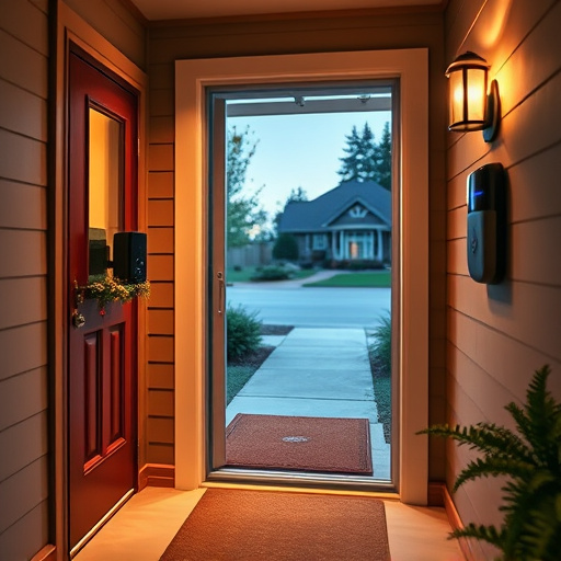smart video doorbell on suburban porch,apartment entry secured with bolt lock,smart lock installed on modern front door,night vision security camera watching driveway,ai security camera scanning for movement,emergency alert system inside hallway