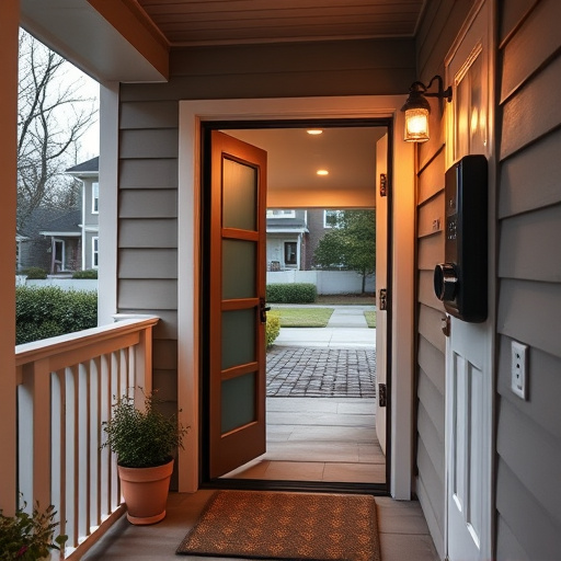 smart video doorbell on suburban porch,apartment entry secured with bolt lock,smart lock installed on modern front door,night vision security camera watching driveway,ai security camera scanning for movement,emergency alert system inside hallway