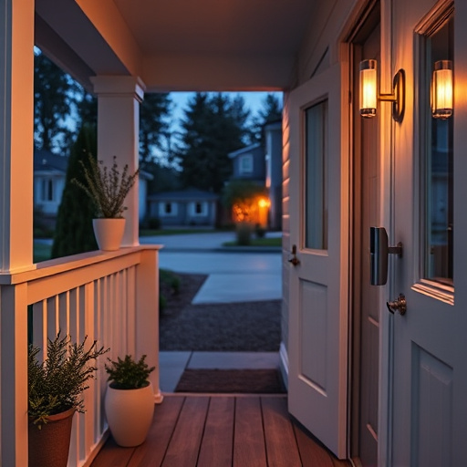 smart video doorbell on suburban porch,apartment entry secured with bolt lock,smart lock installed on modern front door,night vision security camera watching driveway,ai security camera scanning for movement,emergency alert system inside hallway