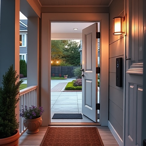 smart video doorbell on suburban porch,apartment entry secured with bolt lock,smart lock installed on modern front door,night vision security camera watching driveway,ai security camera scanning for movement,emergency alert system inside hallway