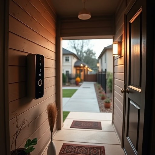 smart video doorbell on suburban porch,apartment entry secured with bolt lock,smart lock installed on modern front door,night vision security camera watching driveway,ai security camera scanning for movement,emergency alert system inside hallway