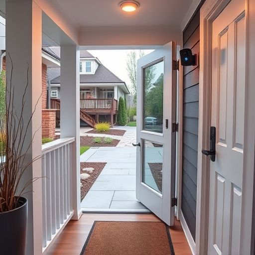 smart video doorbell on suburban porch,apartment entry secured with bolt lock,smart lock installed on modern front door,night vision security camera watching driveway,ai security camera scanning for movement,emergency alert system inside hallway
