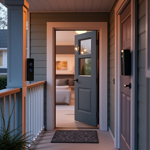 smart video doorbell on suburban porch,apartment entry secured with bolt lock,smart lock installed on modern front door,night vision security camera watching driveway,ai security camera scanning for movement,emergency alert system inside hallway