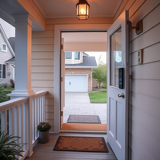 smart video doorbell on suburban porch,apartment entry secured with bolt lock,smart lock installed on modern front door,night vision security camera watching driveway,ai security camera scanning for movement,emergency alert system inside hallway