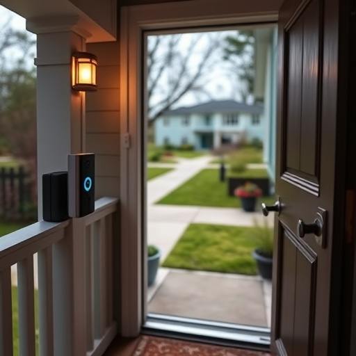 smart video doorbell on suburban porch,apartment entry secured with bolt lock,smart lock installed on modern front door,night vision security camera watching driveway,ai security camera scanning for movement,emergency alert system inside hallway
