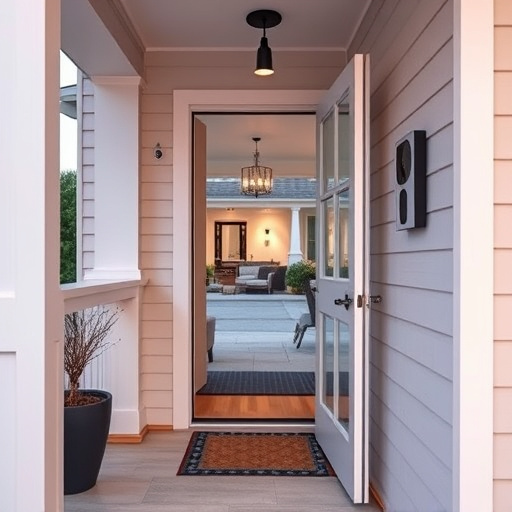 smart video doorbell on suburban porch,apartment entry secured with bolt lock,smart lock installed on modern front door,night vision security camera watching driveway,ai security camera scanning for movement,emergency alert system inside hallway