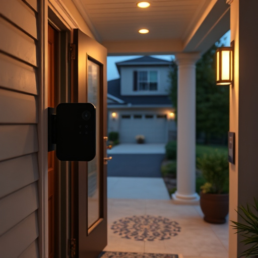smart video doorbell on suburban porch,apartment entry secured with bolt lock,smart lock installed on modern front door,night vision security camera watching driveway,ai security camera scanning for movement,emergency alert system inside hallway