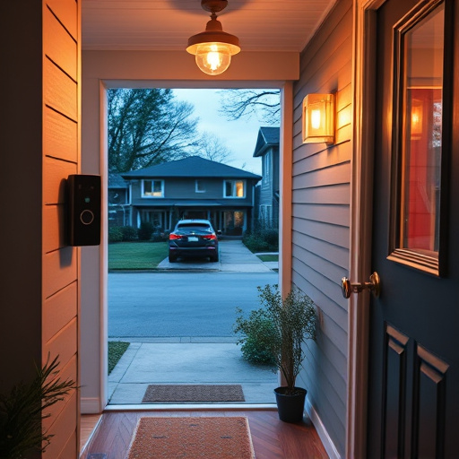 smart video doorbell on suburban porch,apartment entry secured with bolt lock,smart lock installed on modern front door,night vision security camera watching driveway,ai security camera scanning for movement,emergency alert system inside hallway