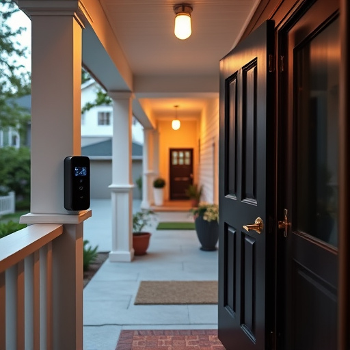 smart video doorbell on suburban porch,apartment entry secured with bolt lock,smart lock installed on modern front door,night vision security camera watching driveway,ai security camera scanning for movement,emergency alert system inside hallway