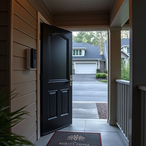 smart video doorbell on suburban porch,apartment entry secured with bolt lock,smart lock installed on modern front door,night vision security camera watching driveway,ai security camera scanning for movement,emergency alert system inside hallway